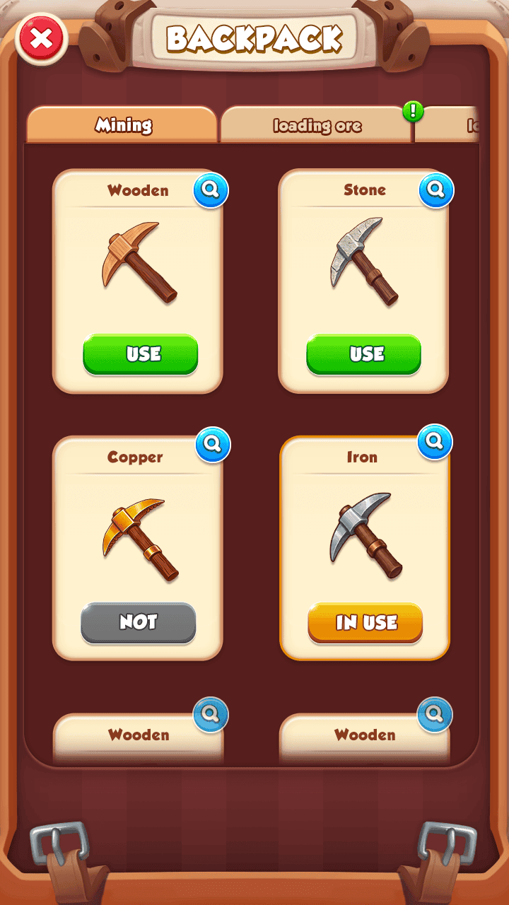 Crazy Mining backpack screen